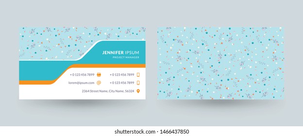 Double-sided horizontal business card template with cute floral background. Vector mockup illustration. Stationery design
