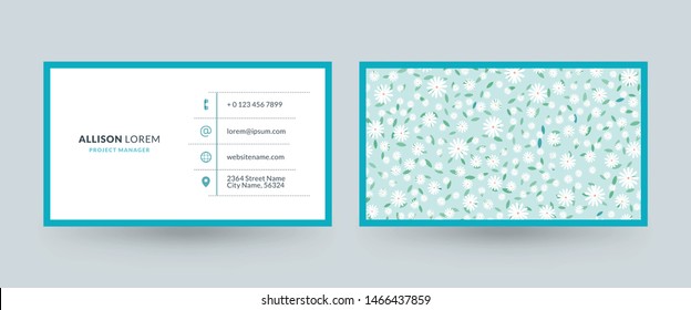 Double-sided horizontal business card template with cute floral background. Vector mockup illustration. Stationery design