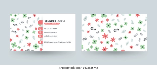 Double-sided horizontal business card template with cute floral background. Vector mockup illustration. Stationery design