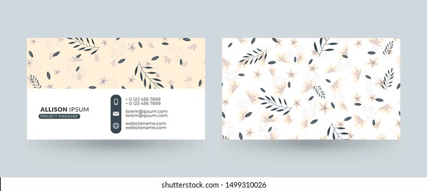 Double-sided horizontal business card template with cute floral background. Vector mockup illustration. Stationery design