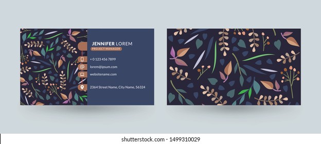 Double-sided horizontal business card template with cute floral background. Vector mockup illustration. Stationery design