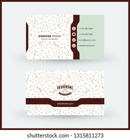 Double-sided horizontal modern business card template with cute floral background. Vector mockup illustration. Stationery design