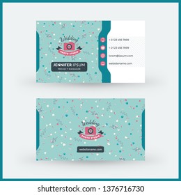 Double-sided horizontal modern business card template with cute floral background. Vector mockup illustration. Stationery design