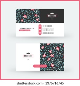 Double-sided horizontal modern business card template with cute floral background. Vector mockup illustration. Stationery design