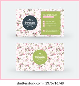 Double-sided horizontal modern business card template with cute floral background. Vector mockup illustration. Stationery design