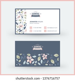 Double-sided horizontal modern business card template with cute floral background. Vector mockup illustration. Stationery design