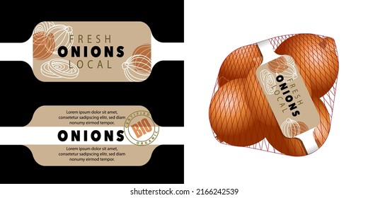 Double-sided label model with its realistic 3D representation, hung on a net containing large onions of organic and local production.