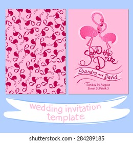 double-sided template wedding invitations with a picture of a flamingo