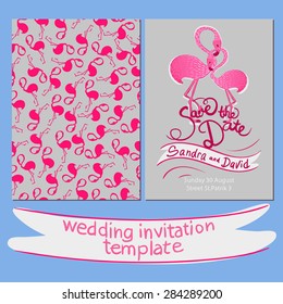 double-sided template wedding invitations with a picture of a flamingo