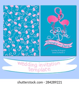 double-sided template wedding invitations with a picture of a flamingo