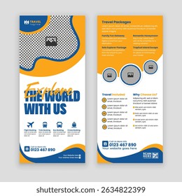 Double-sided Travel Agency Services Rack Card and DL Flyer Template. Ideal for promoting tours, packages, and travel services in a polished, engaging design
