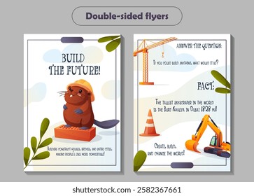 Double-sided vector flyer with a cartoon beaver builder in a helmet. The back has a construction fact, question, and art. Great for career fairs, education, and kids activities.