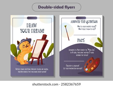 Double-sided vector flyer with a cartoon cat artist painting on an easel. The back has an art fact, question, and decor. Great for art schools, workshops, and kids activities.