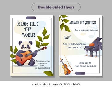 Double-sided vector flyer with a cartoon panda playing guitar. The back has a music fact, question, and art. Great for music schools, concerts, and kids programs.