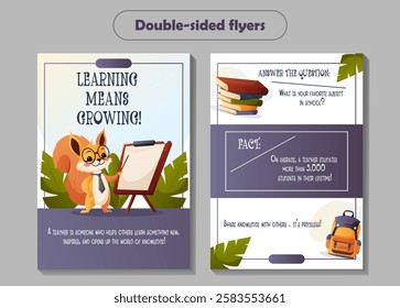 Double-sided vector flyer with a cartoon squirrel teacher and chalkboard. The back has a fact, question, and decor. Great for schools, teachers, and student activities.