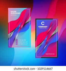 Double-sided vertical business card template with abstract background. Vivid gradients. Vector mockup illustration. Stationery design