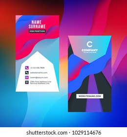 Double-sided vertical business card template with abstract background. Vivid gradients. Vector mockup illustration. Stationery design