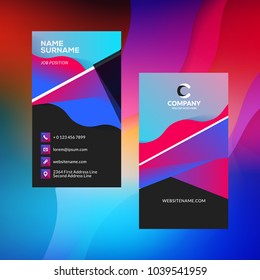 Double-sided vertical business card template with abstract background. Vivid gradients. Vector mockup illustration. Stationery design