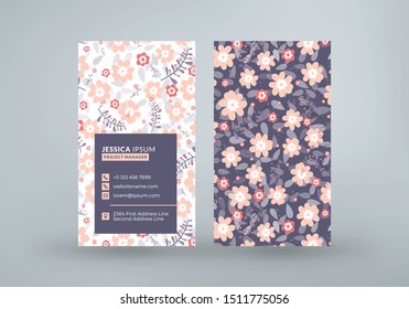 Double-sided vertical business card template with cute floral background. Vector mockup illustration. Stationery design