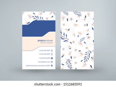 Double-sided vertical business card template with cute floral background. Vector mockup illustration. Stationery design