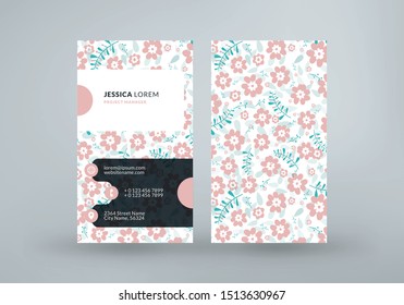 Double-sided vertical business card template with cute floral background. Vector mockup illustration. Stationery design