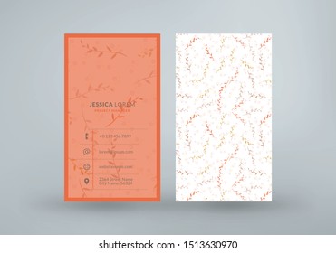 Double-sided vertical business card template with cute floral background. Vector mockup illustration. Stationery design