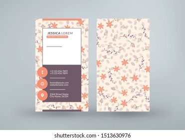 Double-sided vertical business card template with cute floral background. Vector mockup illustration. Stationery design
