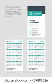 Double-sided vertical business card template with calendar for 2017 year. Week starts Monday. Week starts Sunday. Portrait orientation. Vector Illustration