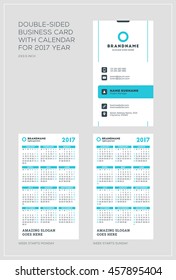 Double-sided vertical business card template with calendar for 2017 year. Week starts Monday. Week starts Sunday. Portrait orientation. Vector Illustration