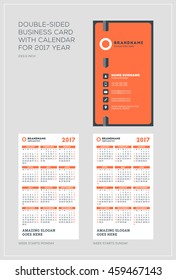 Double-sided vertical business card template with calendar for 2017 year. Week starts Monday. Week starts Sunday. Portrait orientation. Vector Illustration