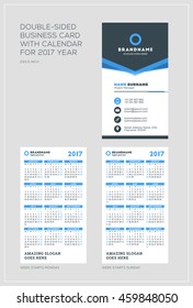 Double-sided vertical business card template with calendar for 2017 year. Week starts Monday. Week starts Sunday. Portrait orientation. Vector Illustration