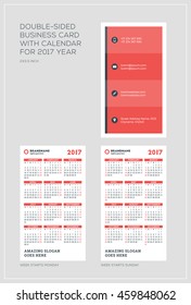 Double-sided vertical business card template with calendar for 2017 year. Week starts Monday. Week starts Sunday. Portrait orientation. Vector Illustration