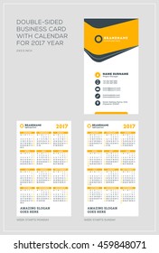 Double-sided vertical business card template with calendar for 2017 year. Week starts Monday. Week starts Sunday. Portrait orientation. Vector Illustration
