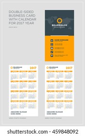 Double-sided vertical business card template with calendar for 2017 year. Week starts Monday. Week starts Sunday. Portrait orientation. Vector Illustration