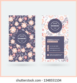 Double-sided Vertical Modern Business Card Template With Cute Floral Background. Vector Mockup Illustration. Stationery Design