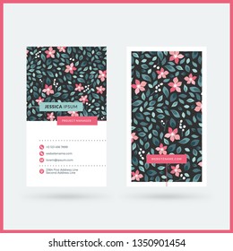 Double-sided vertical modern business card template with cute floral background. Vector mockup illustration. Stationery design