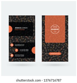 Double-sided vertical modern business card template with cute floral background. Vector mockup illustration. Stationery design