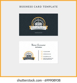 Double-sided vintage business card template with retro typographic logo and black textured background. Vector illustration. Stationery design
