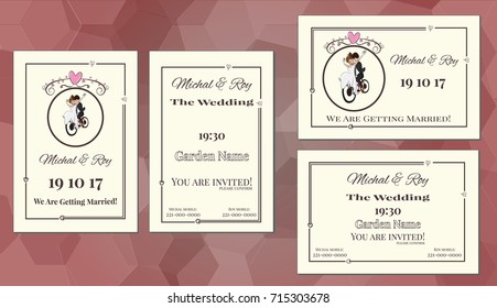 double-sided wedding invitation  couple on a bicycle with hearts canopy and a frame elegant cartoon collection of portrait and landscape vector