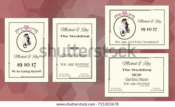 Doublesided Wedding Invitation Couple On Bicycle Stock Vector