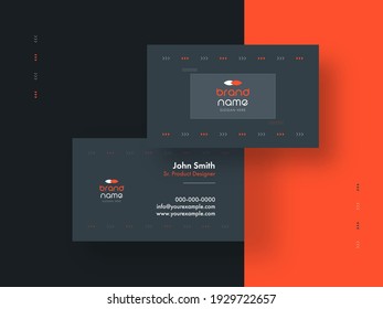 Double-Sides Of Horizontal Business Card Template Layout On Grey And Orange Background.