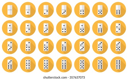 Double-six (28 pieces) domino vector flat icon set: white dominoes on yellow background