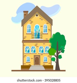   Double-staged home yellow brick, and tree  blue clouds