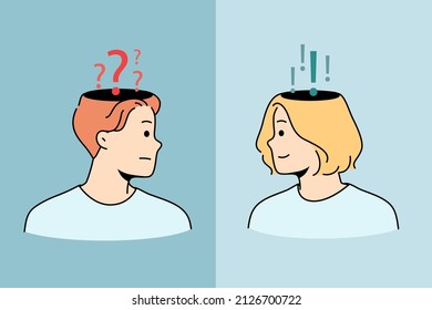 Doubt asking and declaiming concept. Frustrated man asking with question mask on head looking at confident woman having answer feeling sure vector illustration 