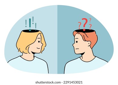 Doubt asking and declaiming concept. Frustrated man asking with question mask on head looking at confident woman having answer feeling sure vector illustration