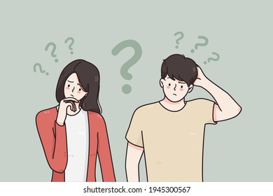 Doubt, asking questions, uncertain concept. Young frustrated couple man and woman standing touching faces feeling doubt with question signs above vector illustration 