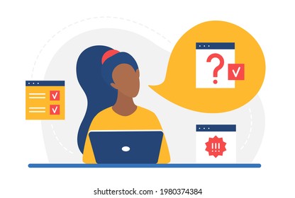 Doubt certainty concept, clarification of work information vector illustration. Cartoon woman character working with laptop, thinking with question exclamation marks in cloud bubble isolated on white