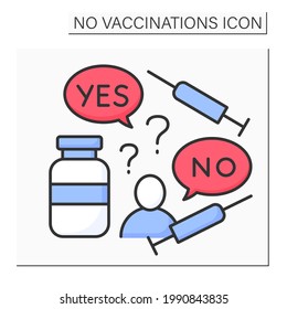 Doubt color icon. Doubts about vaccination against covid19. Thinking about vaccine true influence.No vaccinations concept. Isolated vector illustration