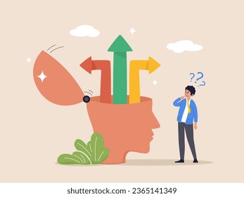 Doubt concept. Decision to choose choice, option or opportunity, challenge to select career path, decide business direction, thinking for solution, businessman decide way of success in his own head.