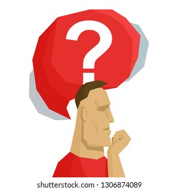 Doubt concept - pondered man with thinking bubble and question mark inside in low poly style - vector isolated illustration
